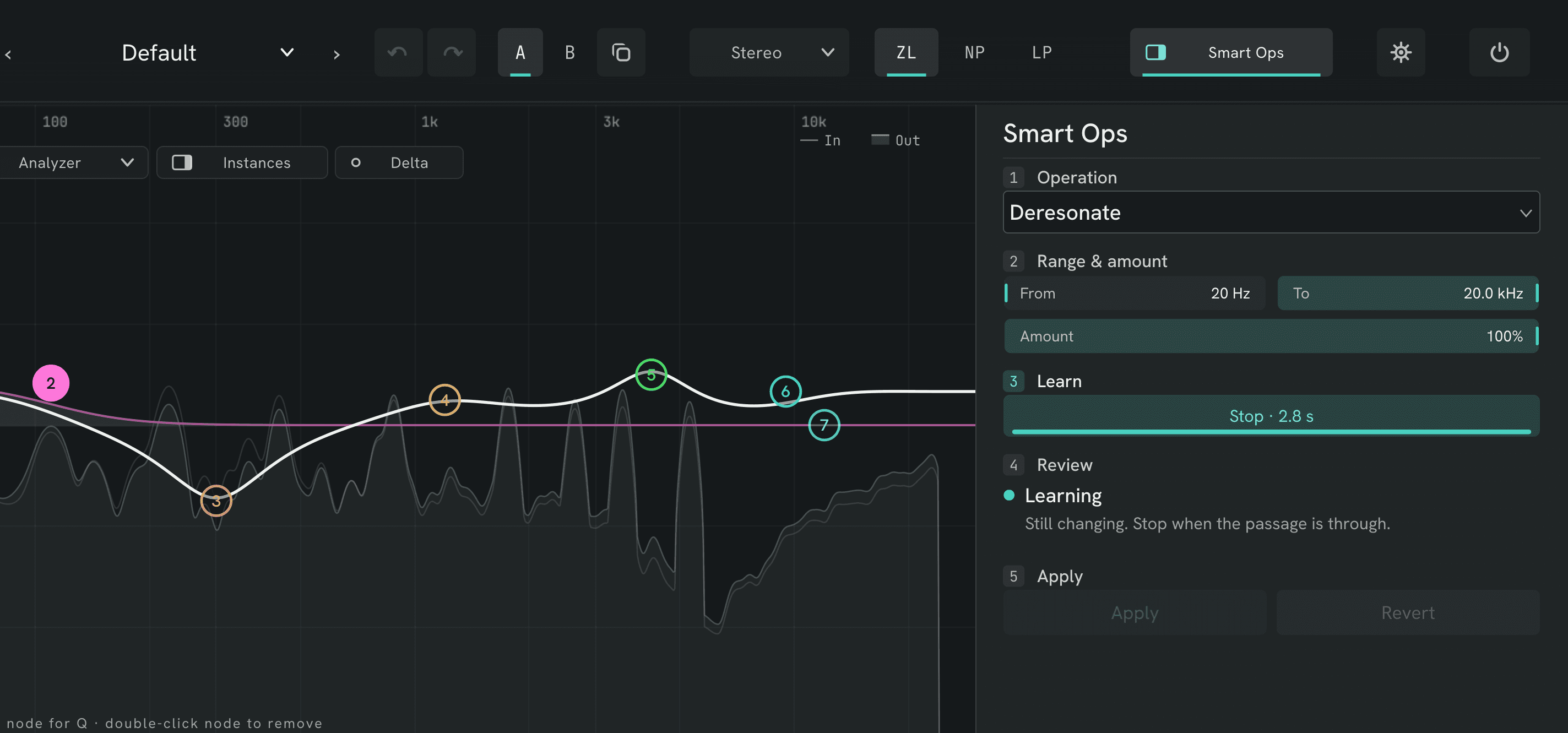 Smart Ops learning: the Learn button reads Stop · 2.8 s and the status says the spectrum is still changing.