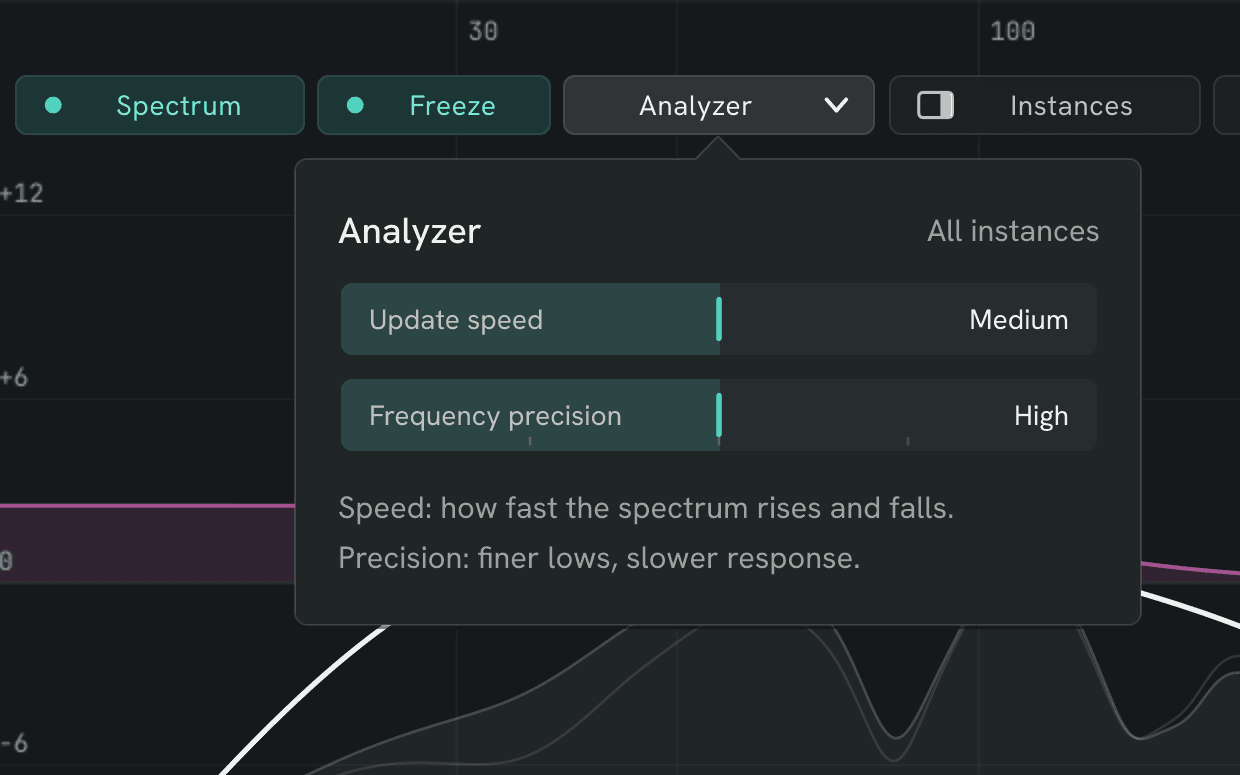The Analyzer menu with Update speed and Frequency precision, open over the live spectrum.
