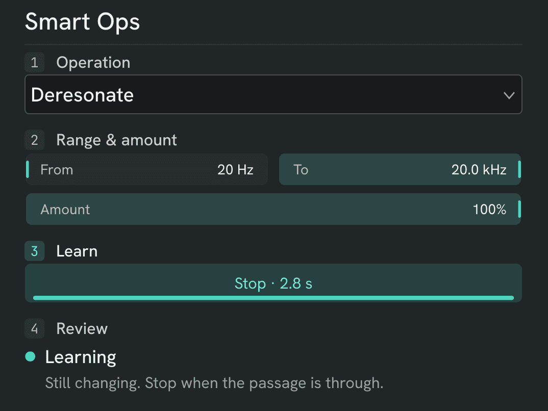 Smart Ops learning: the Learn button reads Stop · 2.8 s and the status says the spectrum is still changing.