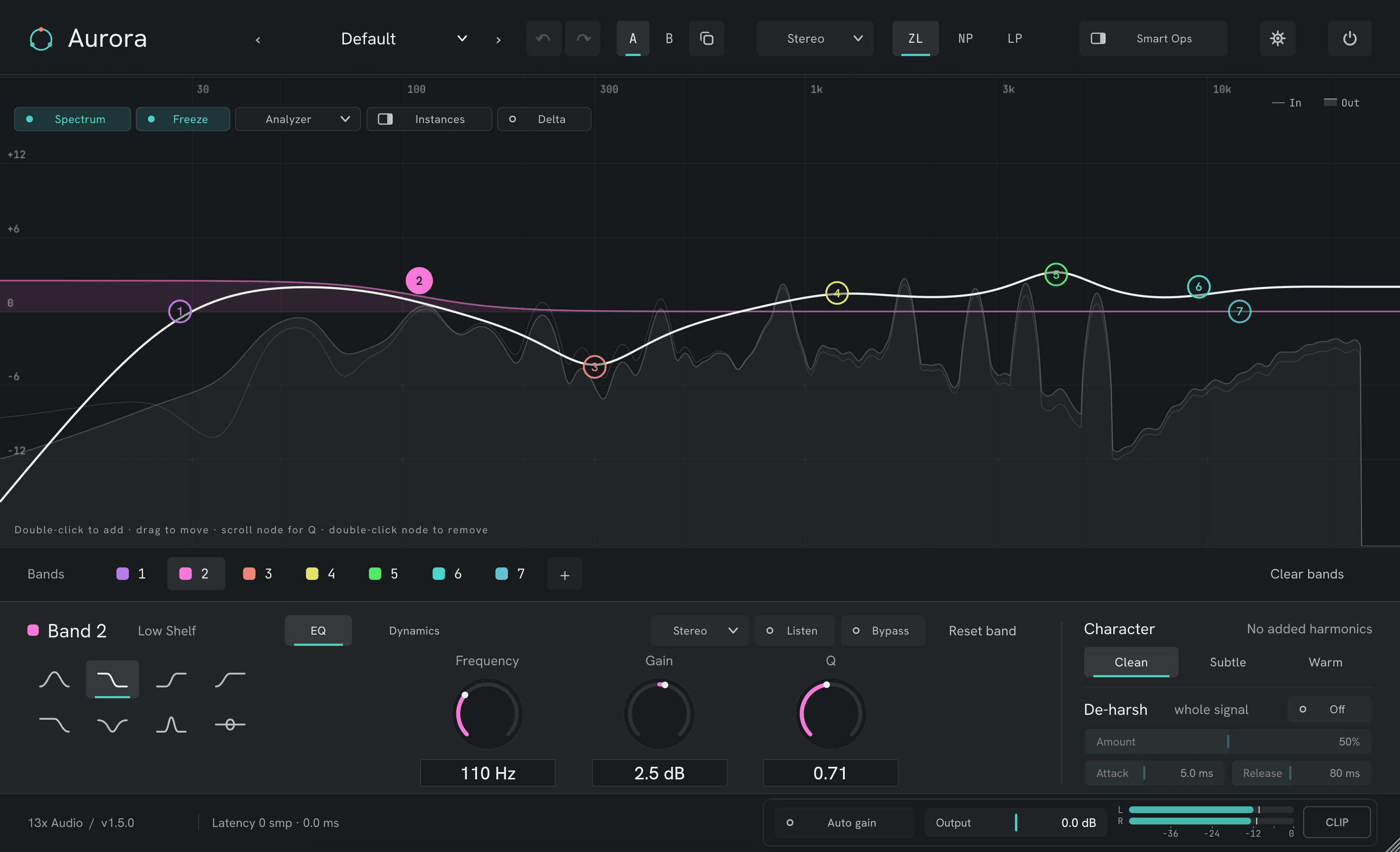 AURORA 1.5 — the free dynamic EQ: seven coloured bands on a live spectrum, band 2 selected with its controls open