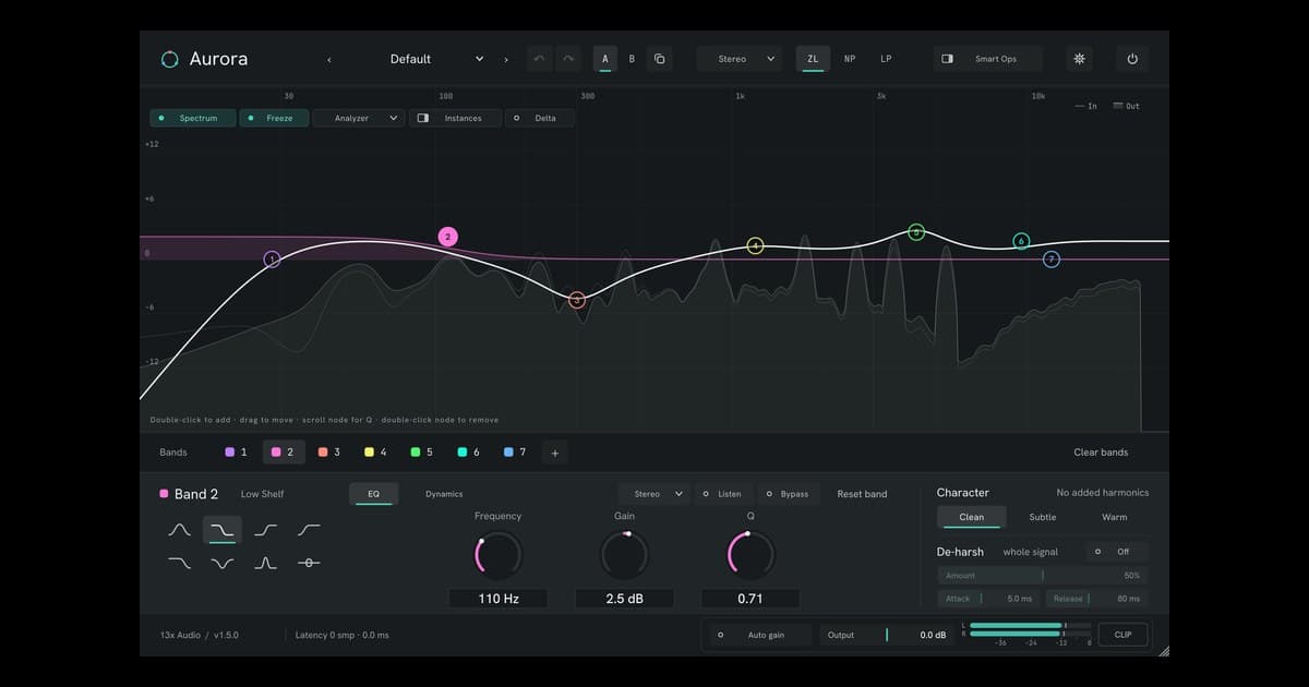 AURORA's interface: coloured EQ bands on a live spectrum