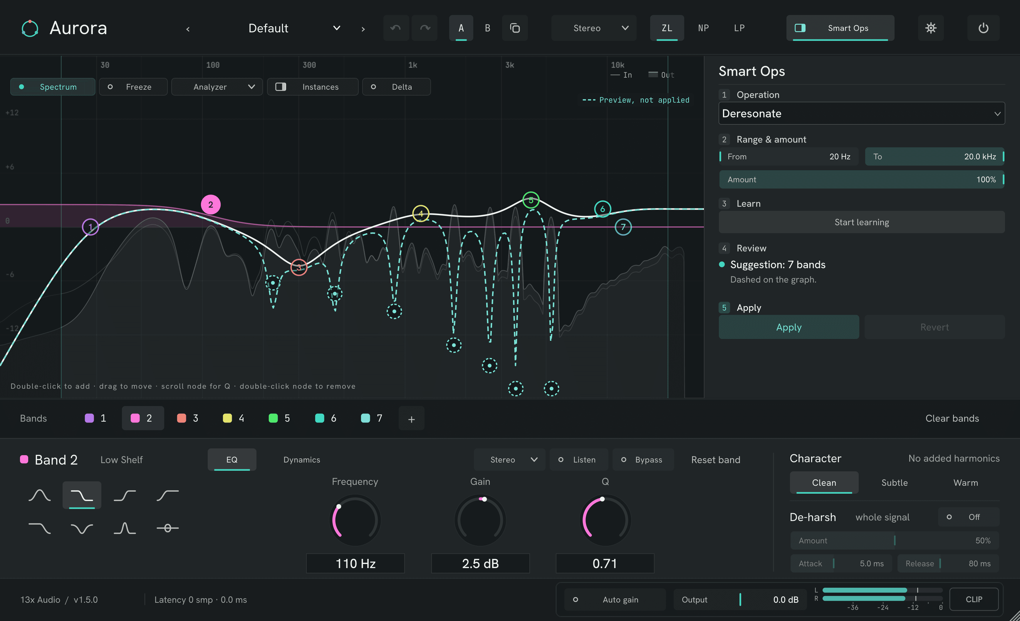 Aurora 1.5 with a Deresonate suggestion: seven bands previewed dashed on the curve, marked "Preview, not applied", and the Smart Ops panel waiting for Apply