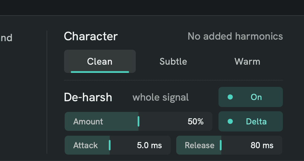 Das Character-Panel: De-harsh an, Amount 50 % und der neue Delta-Button neben Amount eingeschaltet.