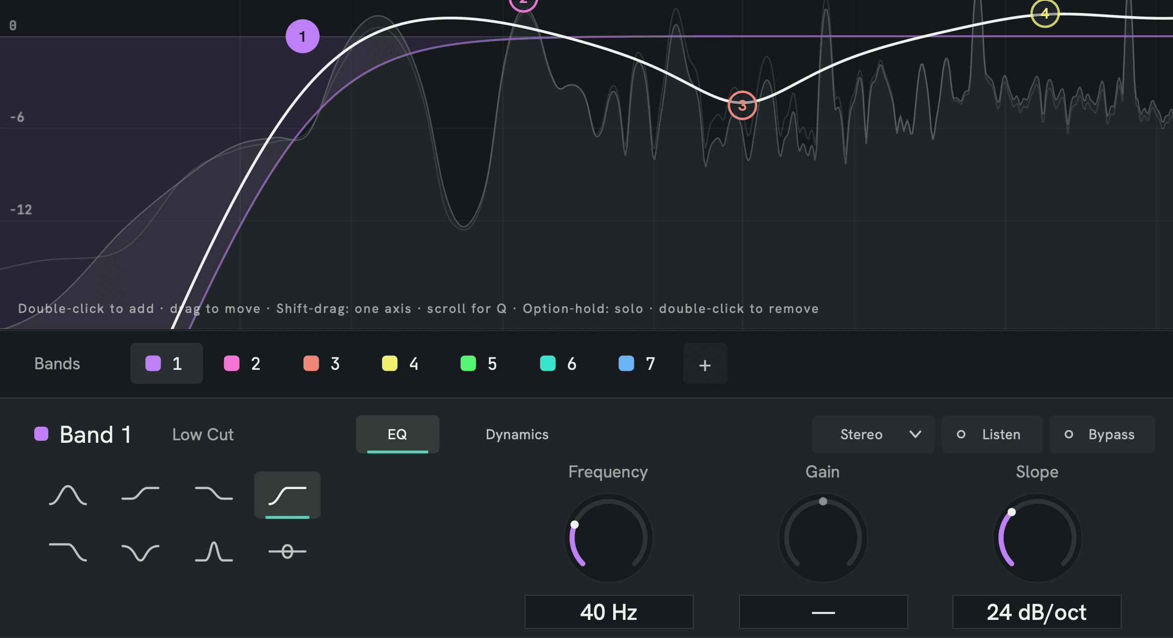 Band 1, ein Low Cut bei 40 Hz: der dritte Regler im Band-Editor ist jetzt Slope, auf 24 dB/Okt. Gain zeigt einen Strich, weil ein Cut keinen Gain hat.