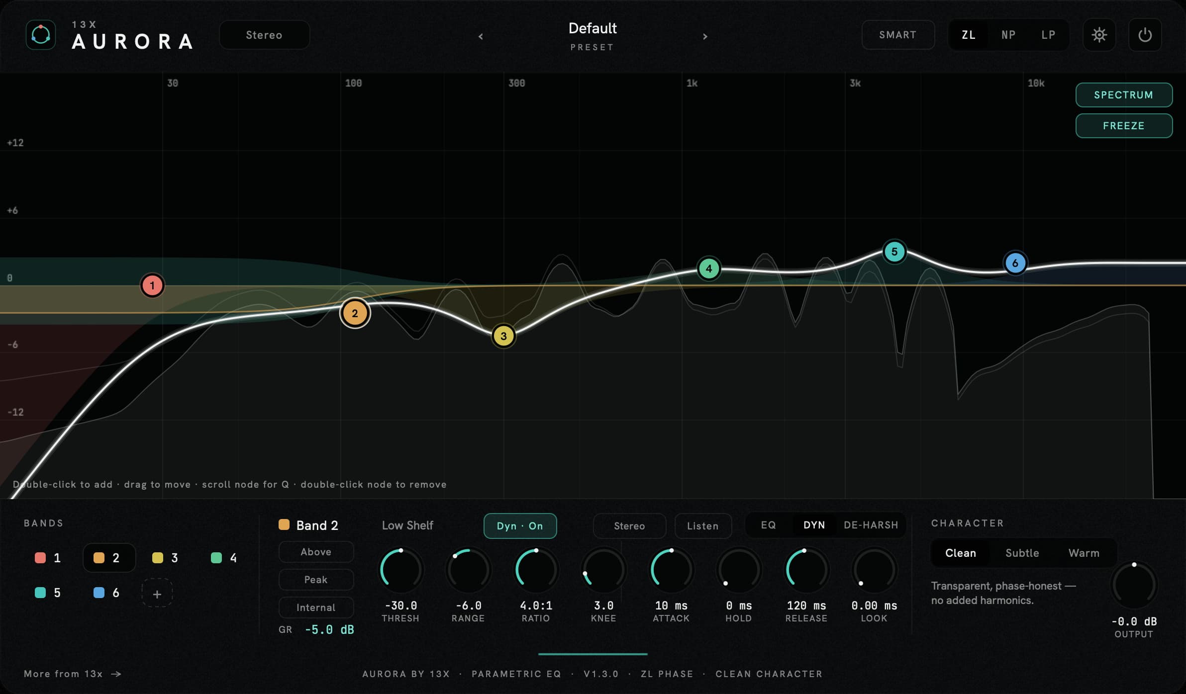 Ein dynamisches Band in AURORA mit geöffnetem Sidechain-Detektor — Threshold, Ratio, Knee und Range, dazu die live gezeichnete Pegelreduktion auf der Kurve