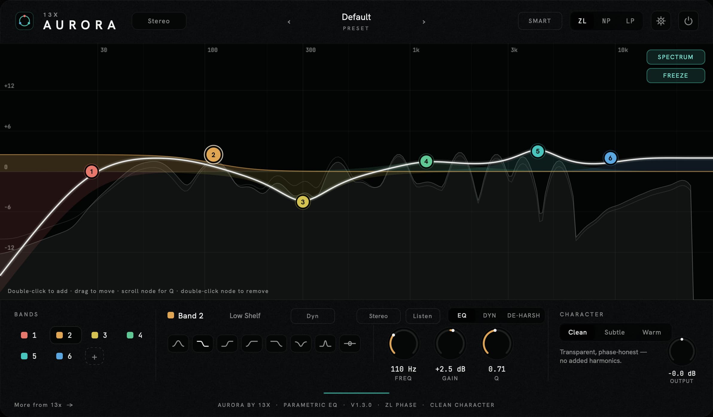 AURORA — the dynamic parametric EQ: eight coloured bands drawn by hand on a live spectrum under the white signal curve, with the band inspector open