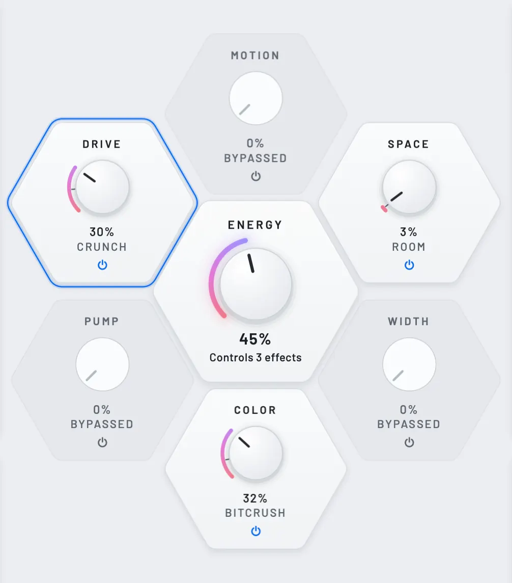 The honeycomb in TWEAK with DRIVE selected and outlined in blue, preset Parallel Drum Crush
