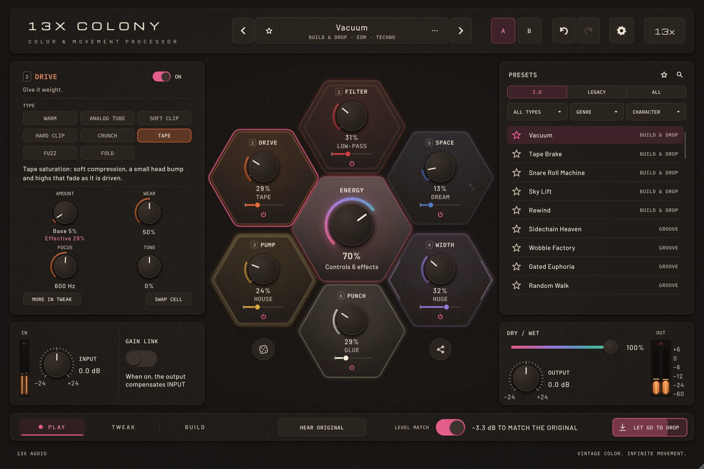 13x Colony in PLAY with the preset Vacuum while HOLD TO DROP is held: the button filling up with the riser's progress