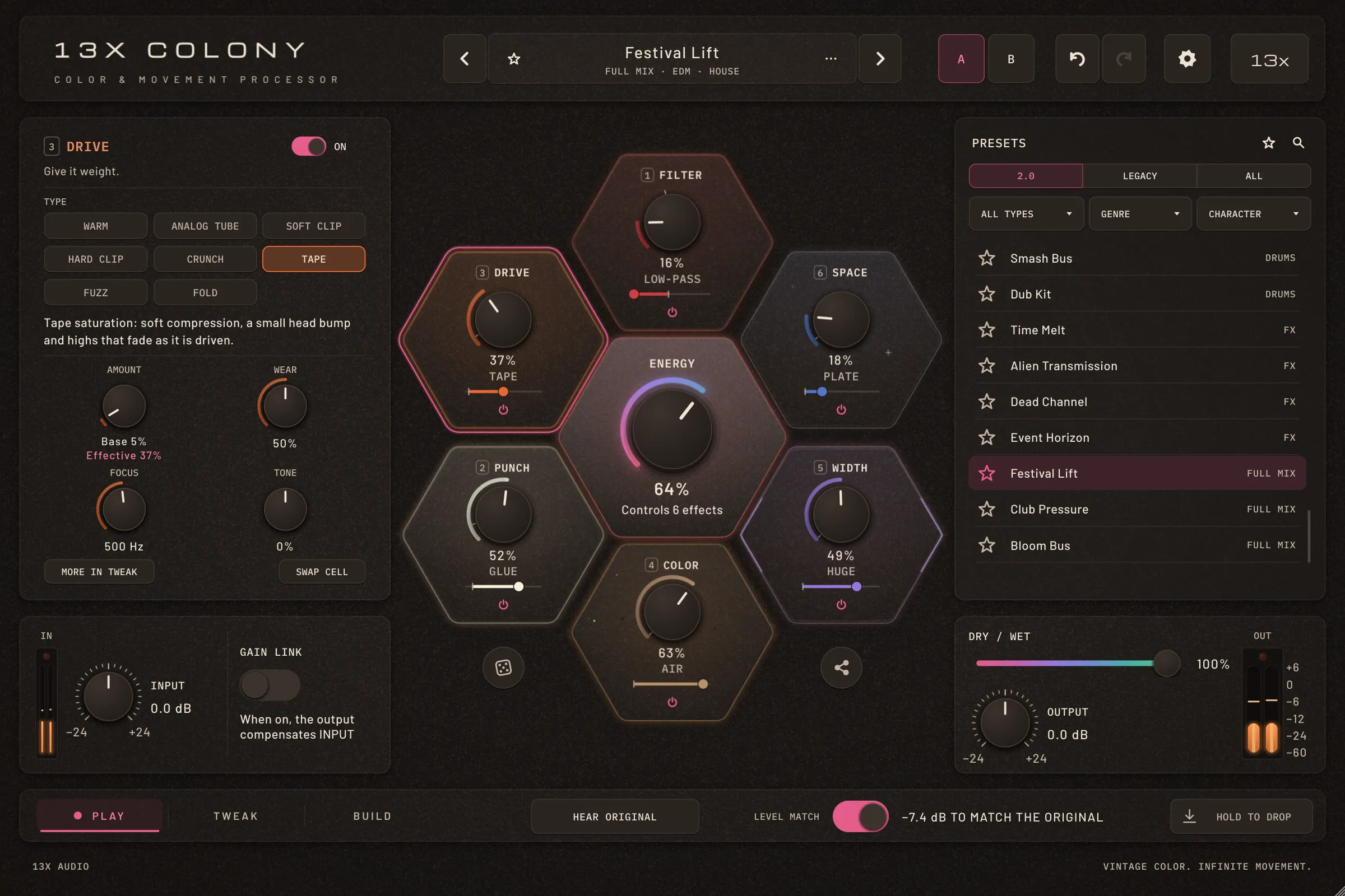 13x Colony 2.0 in PLAY with the preset Festival Lift: six Cells around ENERGY at 64 %, DRIVE's controls on the left, the preset browser on the 2.0 bank on the right