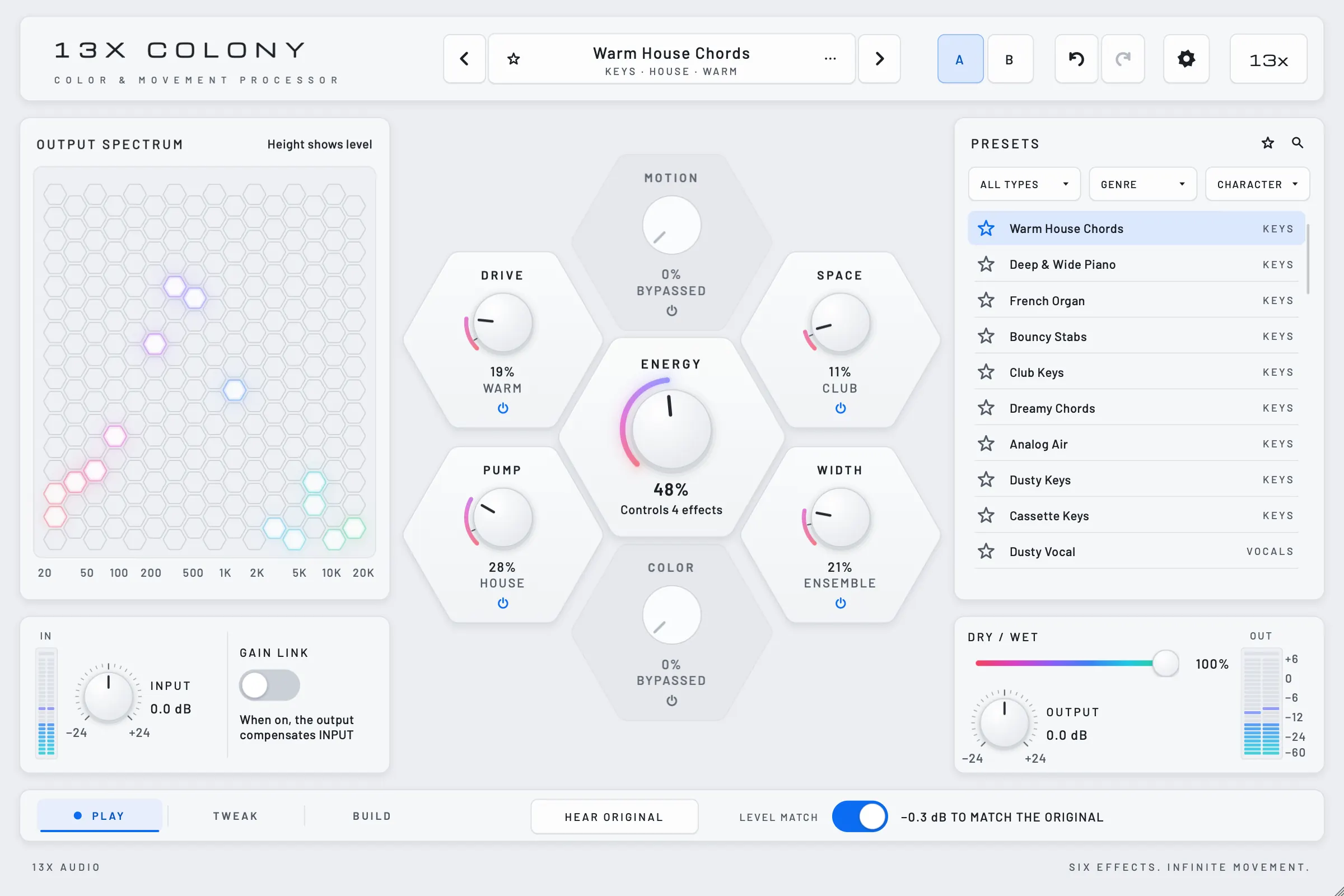 COLONY's interface: six hexagon Cells around an ENERGY knob