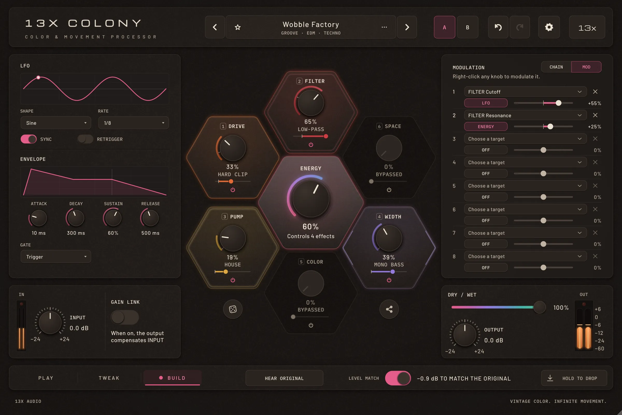 13x Colony in BUILD on its MOD page with the preset Wobble Factory: the LFO and the Envelope on the left, FILTER Cutoff modulated by the LFO and FILTER Resonance by ENERGY on the right
