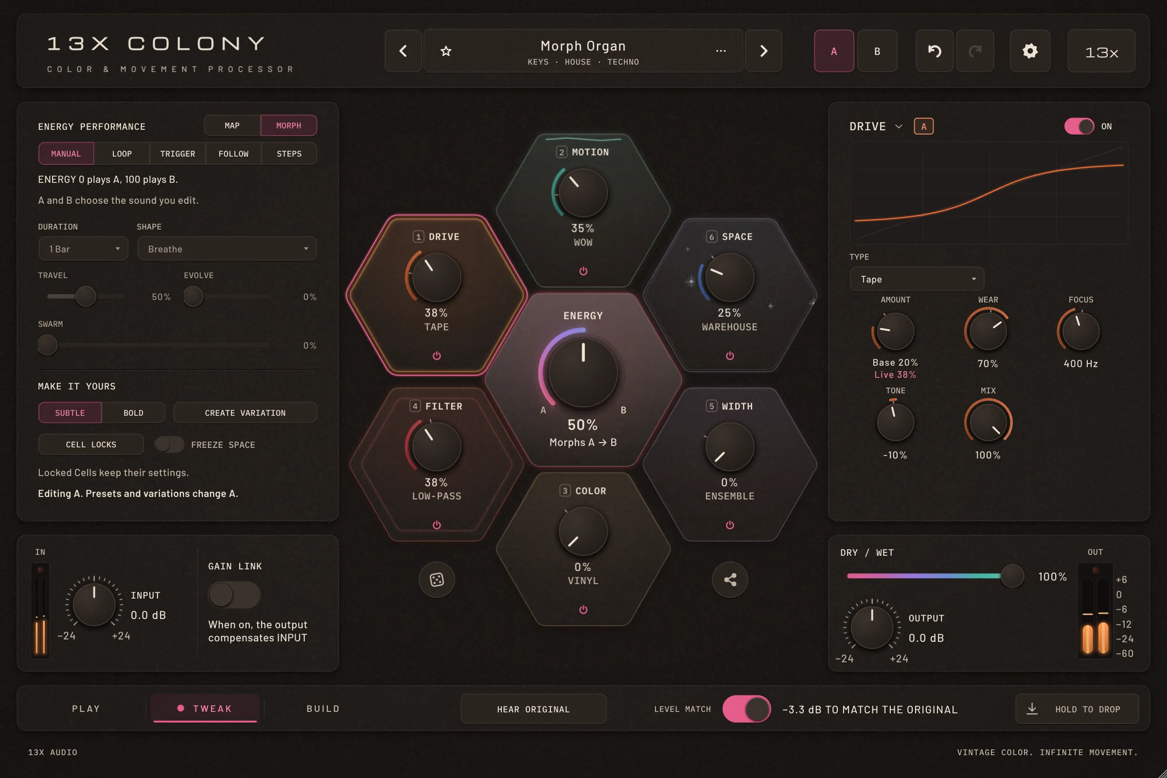 13x Colony in TWEAK with the MORPH preset Morph Organ, MAP | MORPH on MORPH, ENERGY halfway between its two sounds