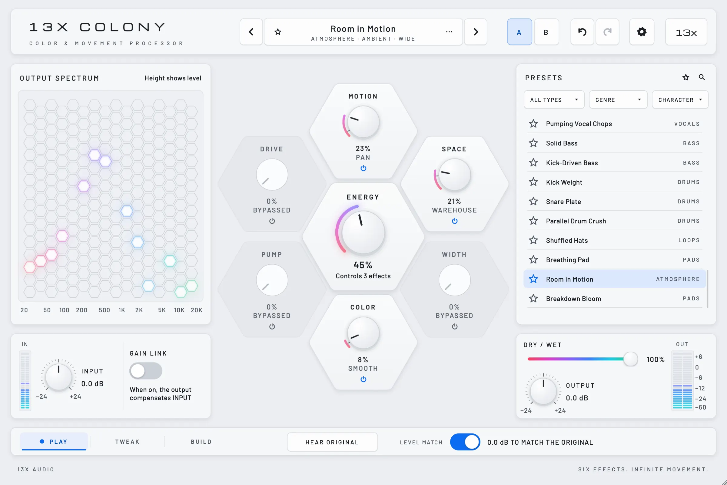 PLAY view with the preset Room in Motion: MOTION, SPACE and COLOR active around ENERGY at 45 %, the output spectrum on the left, the preset browser on the right, Hear Original and Level Match in the bottom bar