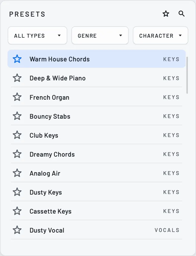 The preset browser: filters for type, genre and character above a list of presets with their categories, Warm House Chords loaded