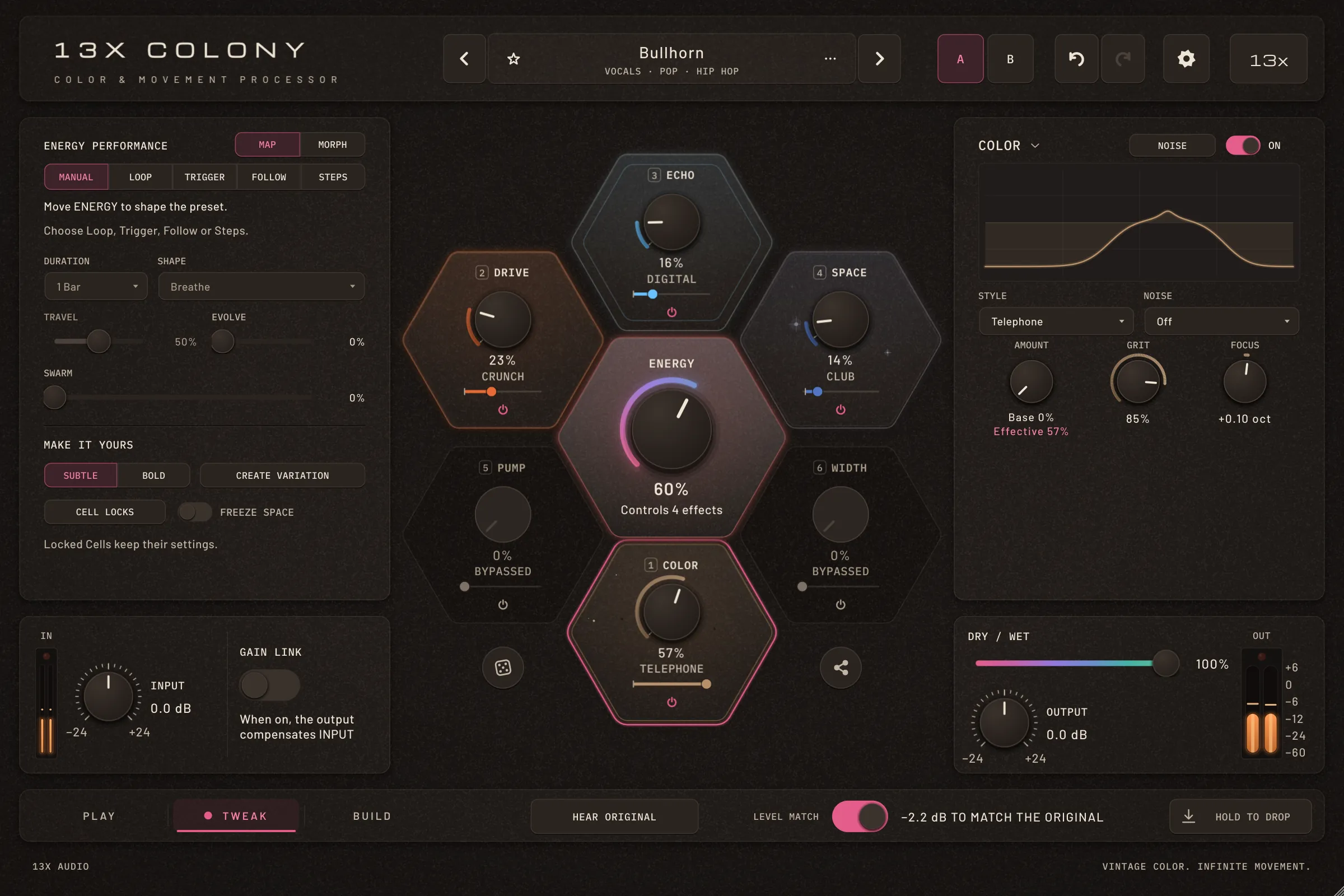 13x Colony in TWEAK with the preset Bullhorn: COLOR selected, its style Telephone in the editor on the right