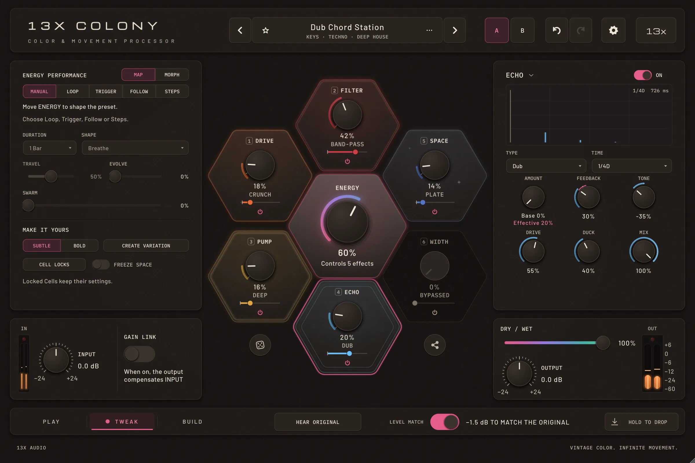 13x Colony in TWEAK with the preset Dub Chord Station: ECHO (type Dub) selected in the honeycomb, its editor on the right
