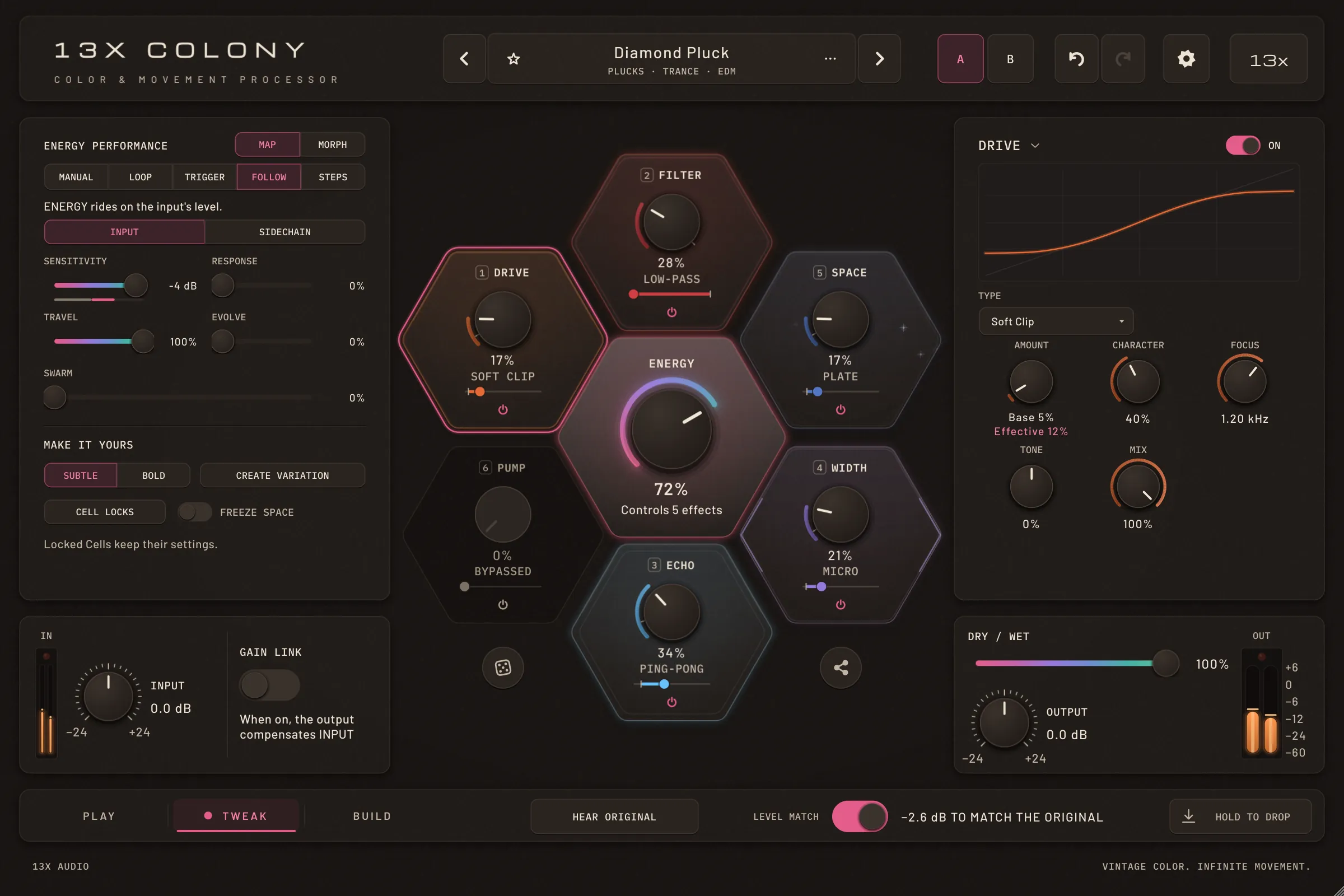 13x Colony in TWEAK with the preset Diamond Pluck: ENERGY Performance on Follow, source Input