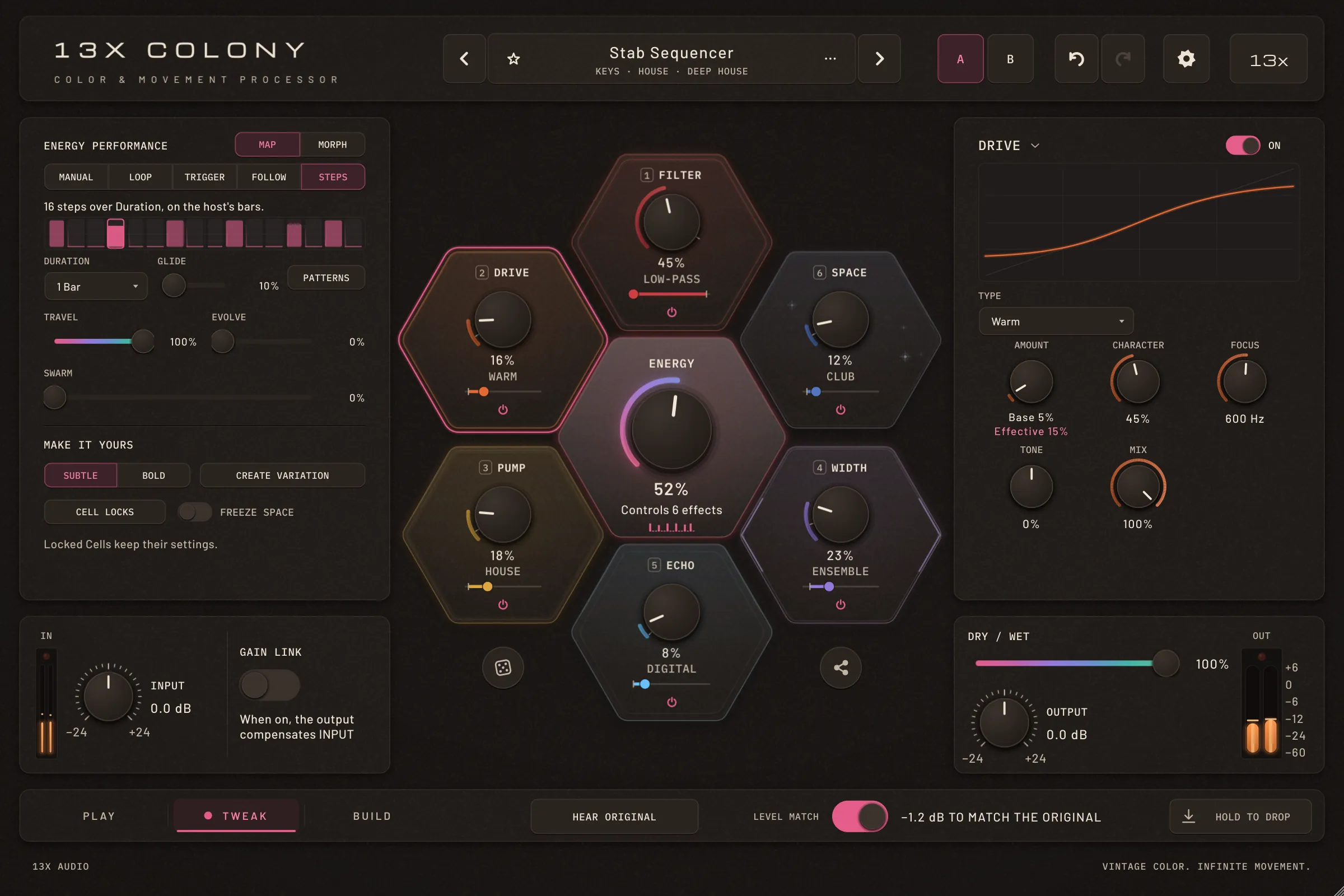 13x Colony in TWEAK with the preset Stab Sequencer: ENERGY Performance on Steps with sixteen step bars, the DRIVE editor on the right