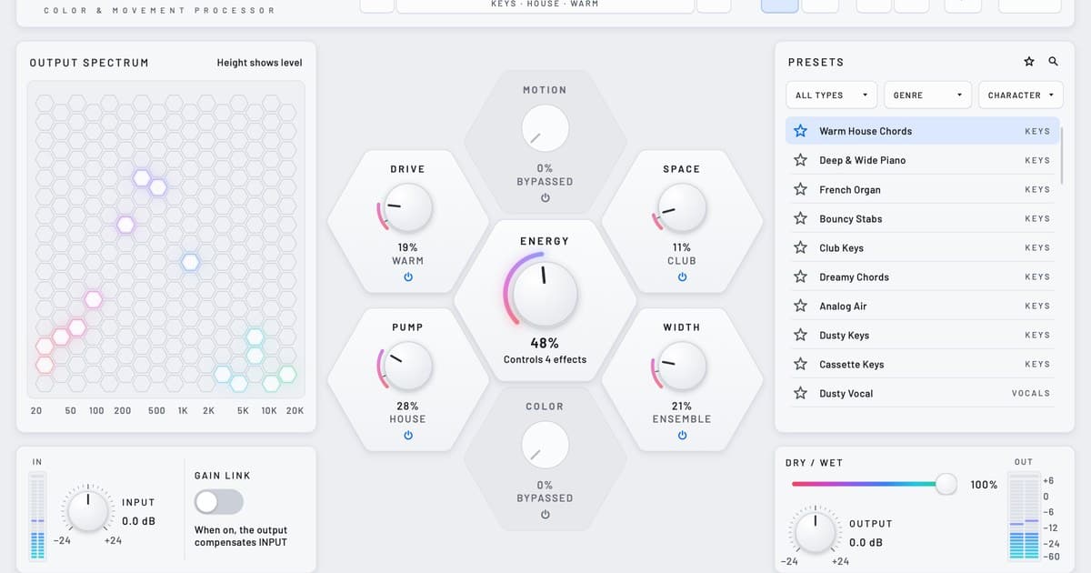 COLONY's interface: six hexagon Cells around an ENERGY knob