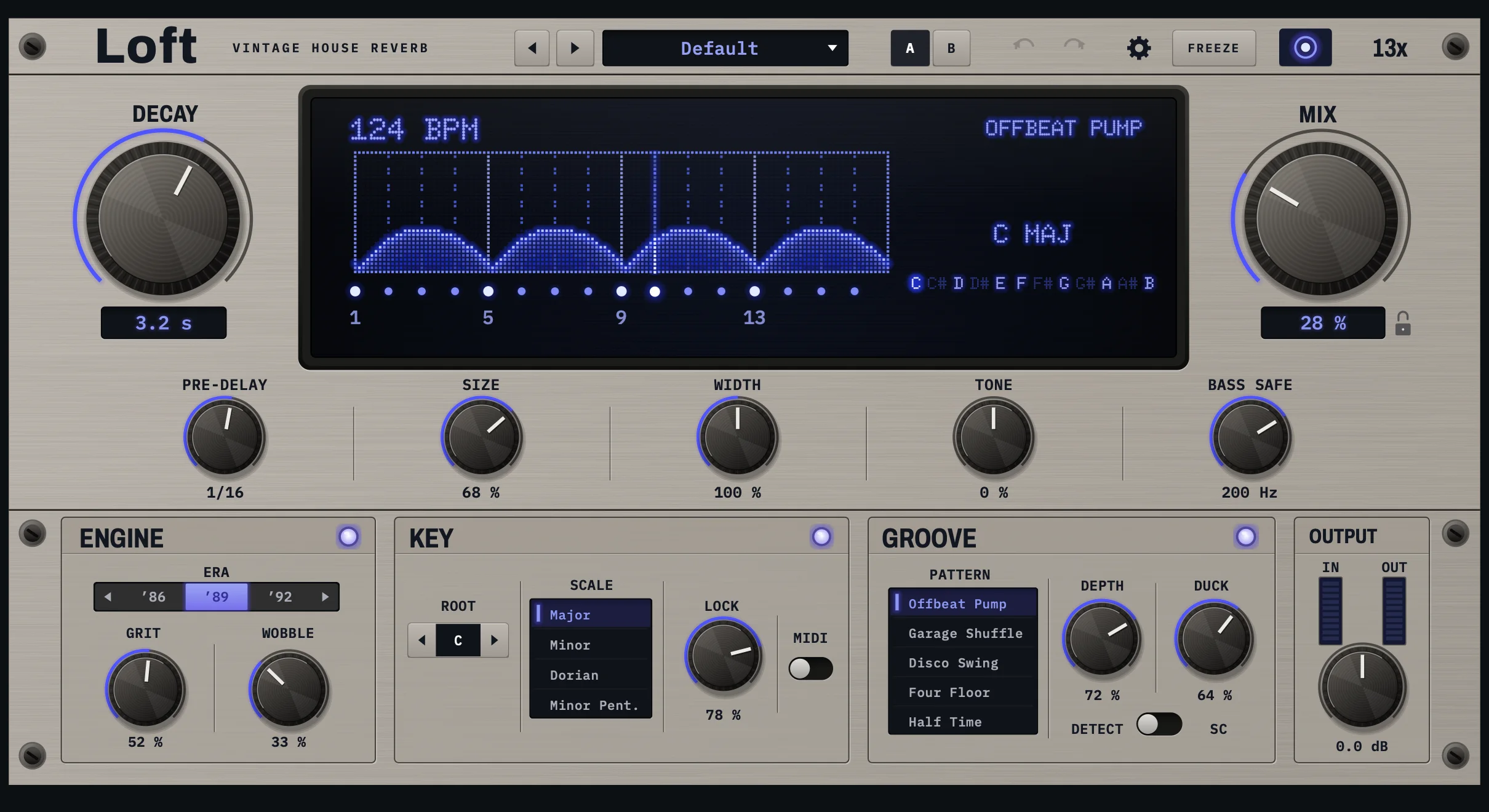 LOFT’s front panel, straight on: the preset bar, FREEZE and bypass along the top, DECAY and MIX (with its padlock) either side of the display, PRE-DELAY, SIZE, WIDTH, TONE and BASS SAFE below it, and the ENGINE, KEY, GROOVE and OUTPUT sections along the bottom.