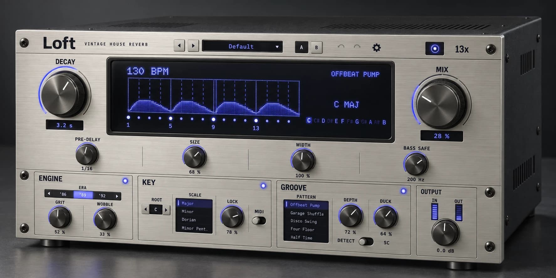 LOFT pictured as a brushed-silver desktop studio unit: big DECAY and MIX dials either side of a blue dot-matrix display showing 130 BPM, Offbeat Pump and C major, with the ENGINE, KEY, GROOVE and OUTPUT sections below.