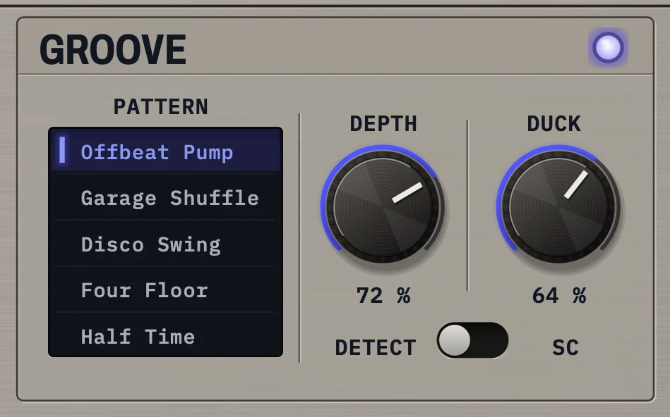 The GROOVE section of the front panel: the pattern list, DEPTH at 72 %, DUCK at 64 % and the DETECT / SC switch.