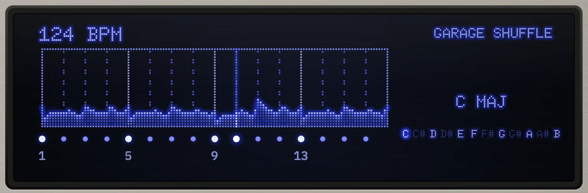 The display showing Garage Shuffle: a decaying pulse on every swung 16th.