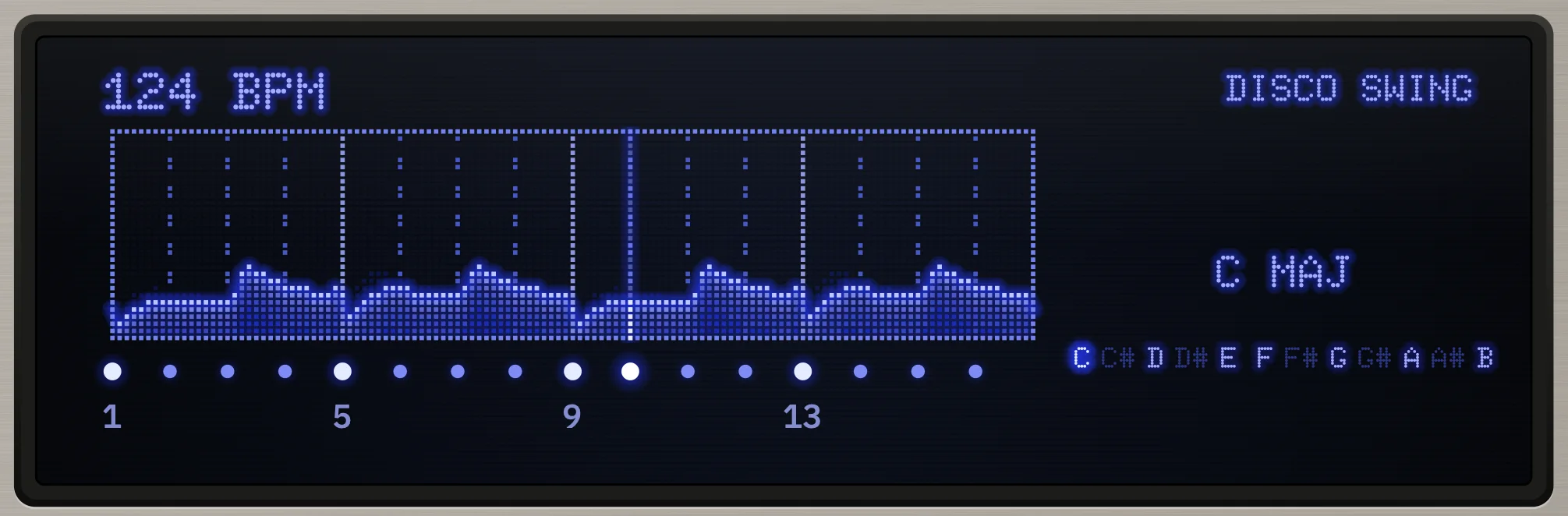 The display showing Disco Swing: longer pulses on every swung 8th.