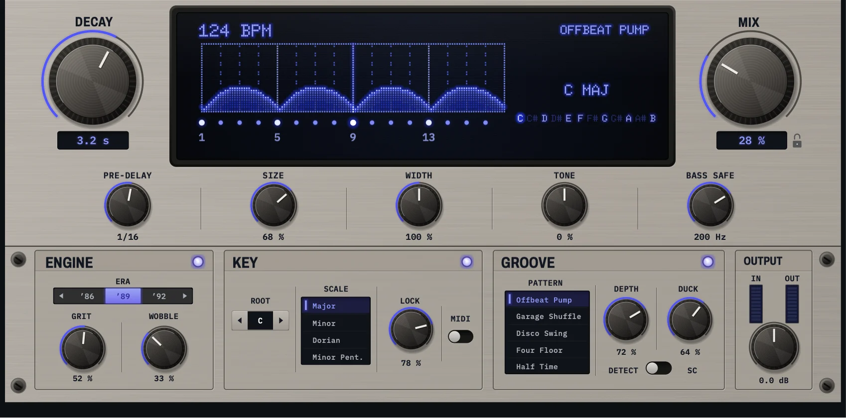 LOFT's interface: DECAY and MIX knobs around a display showing the tail's level over one bar at 124 BPM, the key C major and its notes; PRE-DELAY, SIZE, WIDTH, TONE and BASS SAFE below it; then the ENGINE, KEY, GROOVE and OUTPUT modules