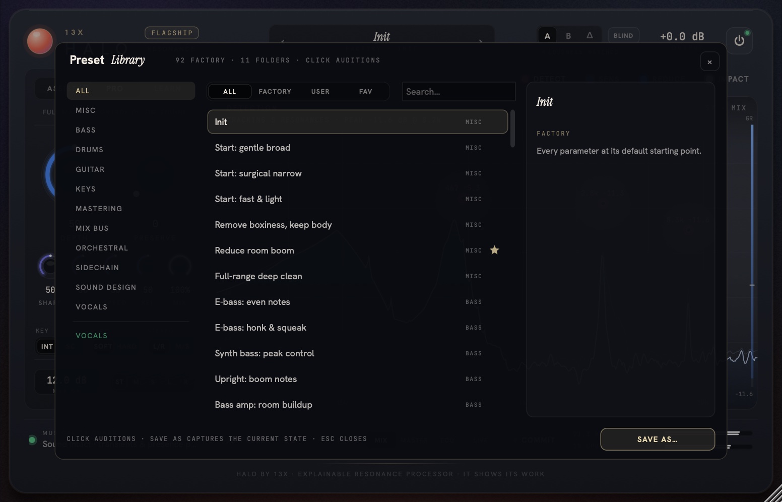 The preset library — category sidebar, search, factory/user/favourite filters and single-click audition